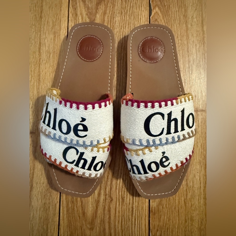 Chloe Woody Logo Multicolored Stitch Sandals, pre-owned, size 37